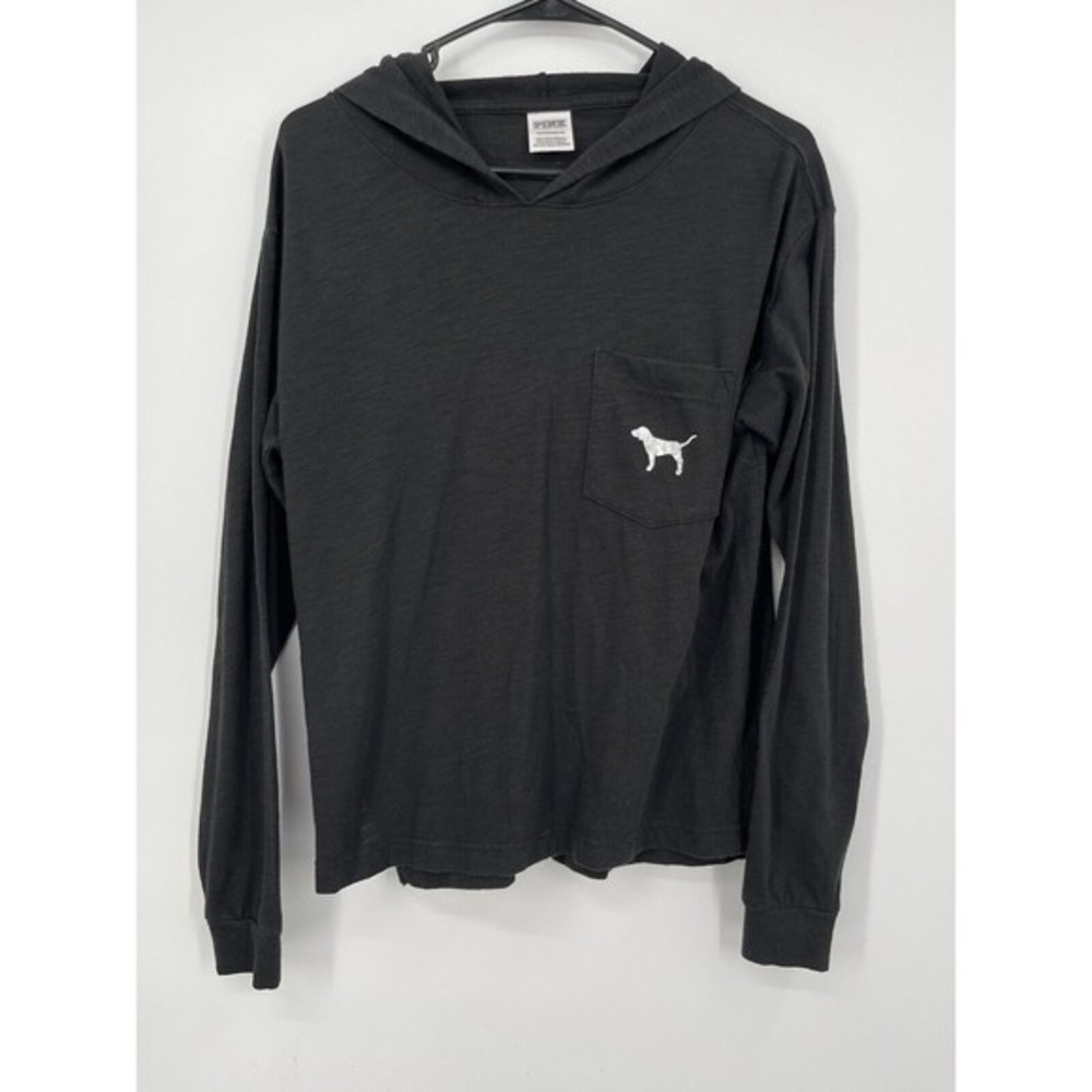 Pink Victoria's Secret Black Long Sleeve Hooded Pocket T-Shirt Dog Logo XS